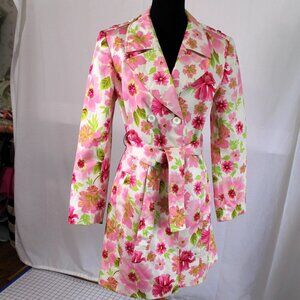 Tahari Pink Floral Trench Coat, Size 8, AS IS